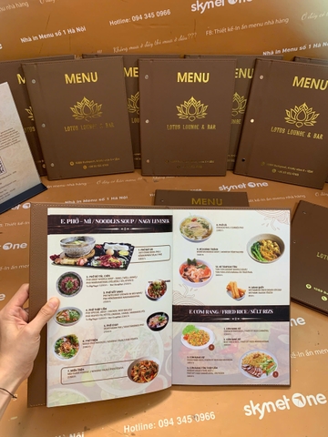 Menu bìa da đinh tán ngoài ép nhũ vàng + menu formex gập 3 + menu mica để bàn a4 _ Lotus Lounge & Bar