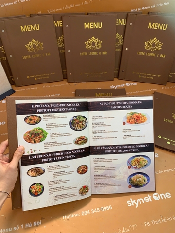 Menu bìa da đinh tán ngoài ép nhũ vàng + menu formex gập 3 + menu mica để bàn a4 _ Lotus Lounge & Bar