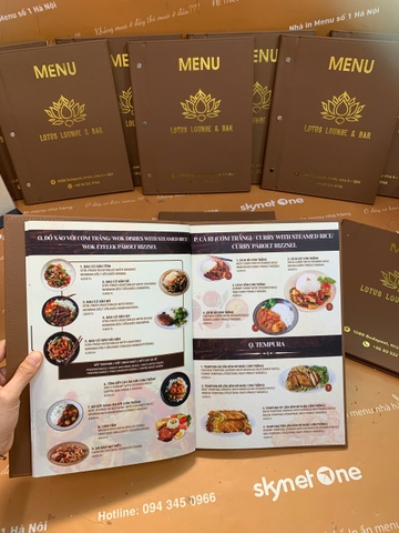 Menu bìa da đinh tán ngoài ép nhũ vàng + menu formex gập 3 + menu mica để bàn a4 _ Lotus Lounge & Bar