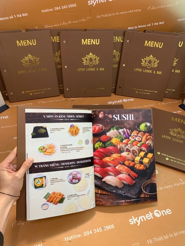 Menu bìa da đinh tán ngoài ép nhũ vàng + menu formex gập 3 + menu mica để bàn a4 _ Lotus Lounge & Bar