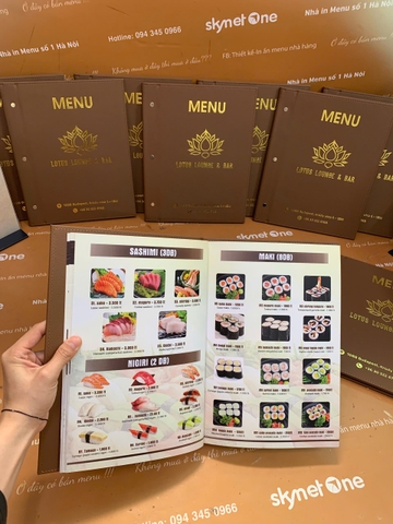 Menu bìa da đinh tán ngoài ép nhũ vàng + menu formex gập 3 + menu mica để bàn a4 _ Lotus Lounge & Bar