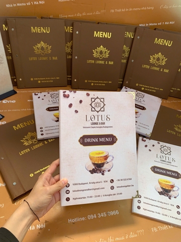 Menu bìa da đinh tán ngoài ép nhũ vàng + menu formex gập 3 + menu mica để bàn a4 _ Lotus Lounge & Bar