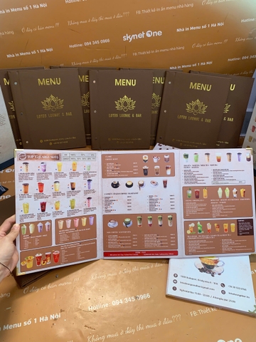 Menu bìa da đinh tán ngoài ép nhũ vàng + menu formex gập 3 + menu mica để bàn a4 _ Lotus Lounge & Bar