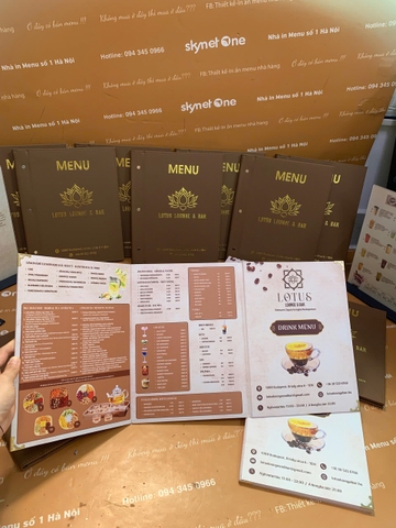 Menu bìa da đinh tán ngoài ép nhũ vàng + menu formex gập 3 + menu mica để bàn a4 _ Lotus Lounge & Bar
