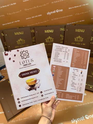 Menu bìa da đinh tán ngoài ép nhũ vàng + menu formex gập 3 + menu mica để bàn a4 _ Lotus Lounge & Bar