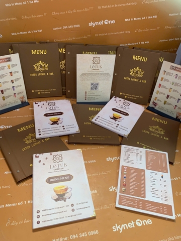 Menu bìa da đinh tán ngoài ép nhũ vàng + menu formex gập 3 + menu mica để bàn a4 _ Lotus Lounge & Bar
