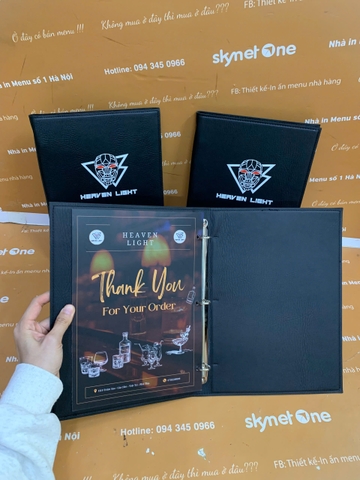 Menu bìa da in UV gáy còng + thẻ tích rượu _ Thẩm mĩ tinh thế, Thiết kế tinh xảo _ Heaven Light