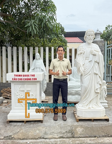Tượng Thánh Giuse Thợ Đá Trắng Đẹp Cao 2m Kèm Đế Cao 1m