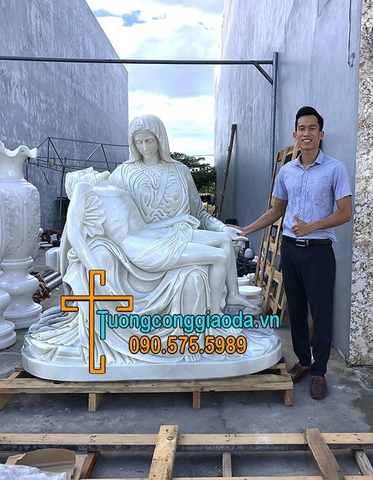 Tượng Đức Mẹ Sầu Bi Bằng Đá Trắng Đẹp Cao 1m6 Và Thánh Giá Cao 3m
