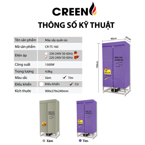 Máy sấy quần áo CREEN CR-TS160
