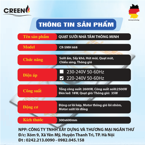 Quạt sưởi nhà tắm thông minh CREEN CR-SMH668