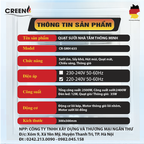 Quạt sưởi nhà tắm thông minh CREEN CR-SMH635