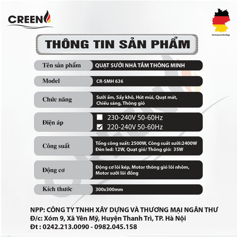 Quạt sưởi nhà tắm thông minh CREEN CR-SMH636 Plus