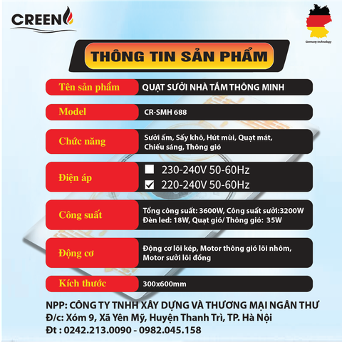 Quạt sưởi nhà tắm thông minh CREEN CR-SMH688