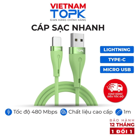 Dây cáp sạc TOPK AN46 dùng cho điện thoại  Vỏ TPE silicon dẻo chống đứt gãy - Hàng chính hãng Bảo hành 12 tháng 1 đổi 1