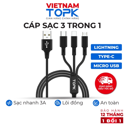 Dây sạc 3 đầu (iPhone, Type-C, Micro) dùng cho điện thoại TOPK AN20 Vỏ bện nylon dài 1.2m - Hàng phân phối chính hãng