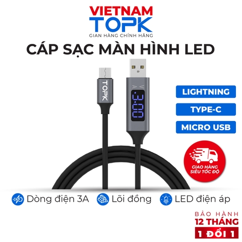 Dây sạc iPhone Type-C Micro USB TOPK AC32 Dòng điện 3A Màn hình LED hiển thị điện áp Hàng chính hãng Bảo hành 12 tháng 1