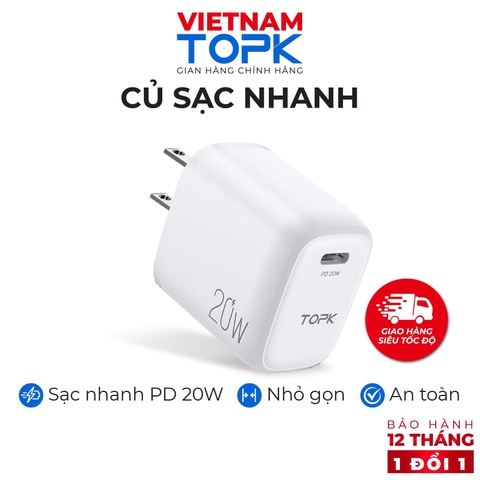 Củ sạc nhanh TOPK B110P Sạc nhanh PD Công suất 20W Cổng Type C - Hãng phân phối chính thức Bảo hành 12 tháng 1 đổi 1