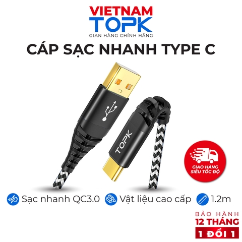 Cáp sạc TOPK AN24 dùng cho điện thoại - Hỗ trợ dòng điện tối đa 3A - Hàng chính hãng - Bảo hành 12 tháng 1 đổi 1