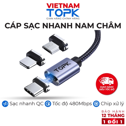 Dây sạc đầu nối nam châm TOPK AM45 Sạc nhanh QC 3.0 - Hàng phân phối chính hãng - Bảo hành 12 tháng 1 đổi 1