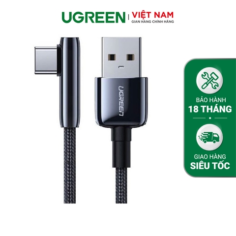UGREEN USB 2.0 A to Angled USB-C M/M Cable Nickel Plating Zinc Alloy Shell with Braided (Black) US317 70431