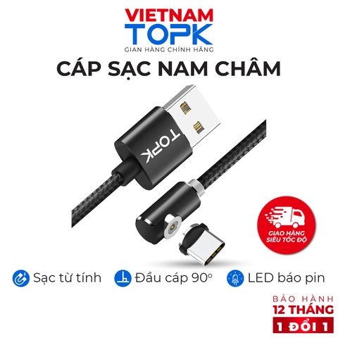 Dây sạc nam châm iPhone Type-C Micro USB TOPK AM51 - Đầu vuông góc có đèn LED Hàng chính hãng Bảo hành 12 tháng 1 đổi 1