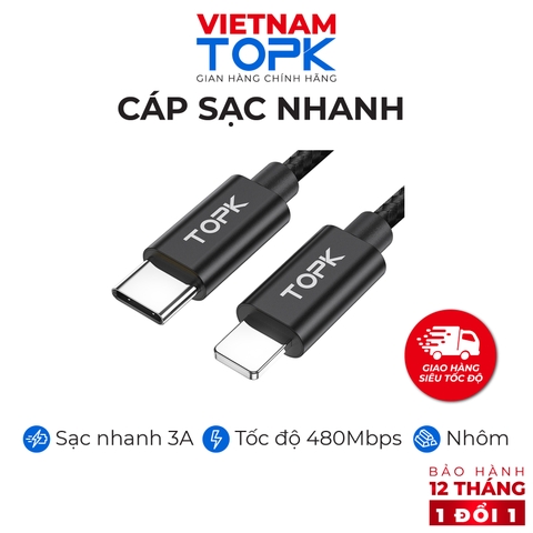 Cáp sạc nhanh Type-C sang lightning TOPK AN80 - Sạc nhanh dòng 3A vỏ bện nylon -  Hàng phân phối chính hãng