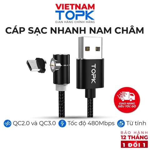 Dây sạc nam châm, đầu nối vuông góc TOPK AM69 Sạc nhanh QC 3.0 dài 1m, dùng cho điện thoại - Hàng chính hãng