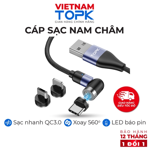 Dây sạc nam châm iPhone Type-C Micro USB TOPK AM66 - Sạc nhanh QC 3.0 - Hàng chính hãng - Bảo hành 12 tháng 1 đổi 1