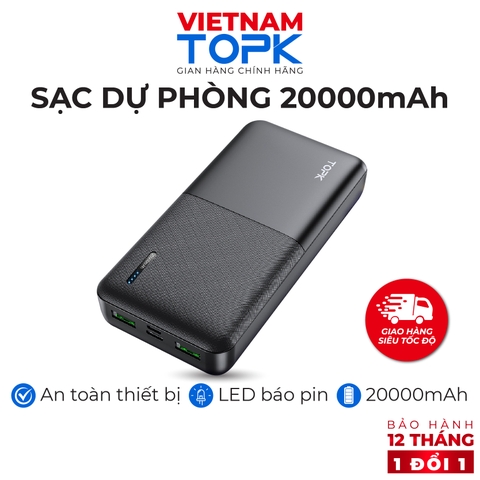 Sạc Dự Phòng TOPK I2009 20000mAh - Cổng USB Kép, Thiết Kế Nhỏ Gọn Tiện Lợi Cho Xiaomi/ Samsung/ iPhone