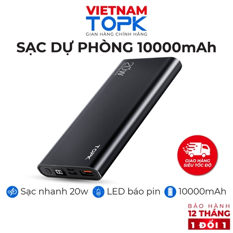 Pin Dự Phòng TOPK I1007P 20W PD QC3.0 10000mAh Sạc Nhanh Hiển Thị Điện Tử