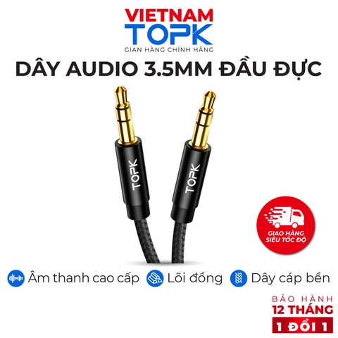 Dây Audio 3.5mm TOPK L20 2 đầu đực dạng cáp tròn mạ vàng 24K  dài 1m Hàng chính hãng - Bảo hành 12 tháng 1 đổi 1