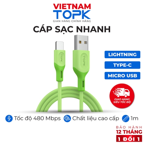 Dây cáp sạc dùng cho điện thoại TOPK AN84 Vỏ chống đứt gãy dài 1m - Hàng chính hãng Bảo hành 12 tháng 1 đổi 1