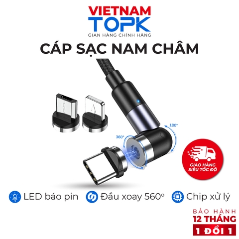 Dây sạc nam châm 3 đầu (iPhone, Type-C, Micro) TOPK AM59 Đầu xoay 560 độ - Hàng chính hãng