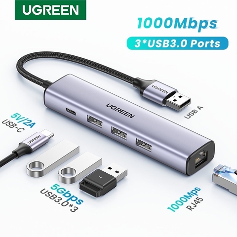 UGREEN USB 3.0 to 3×USB 3.0+RJ45(1000Mbps) Ethernet Adapter 20915