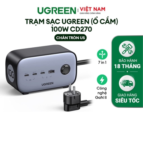 Sạc điện thoại laptop DigiNest Pro 3 cổng USB-C và 1 cổng USB 100W màu đen dây cắm dài 1m8 Ugreen  40896  CD270