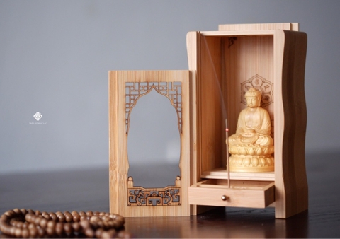 Ban thờ Đức Phật Dược Sư gỗ hoàng dương lá nhỏ