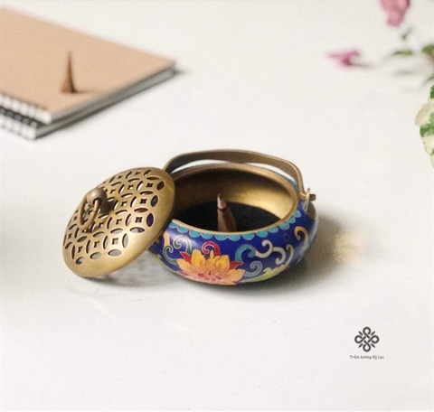Lư đồng khảm pháp lam xanh tím có quai