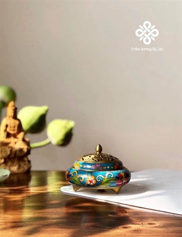 Lư đồng khảm pháp lam màu xanh chân thon