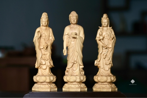 Bộ tượng Tây Phương Tam Thánh gỗ hoàng dương lá nhỏ 20cm
