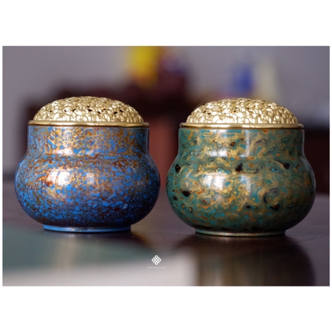 Lư đồng sơn mài xanh