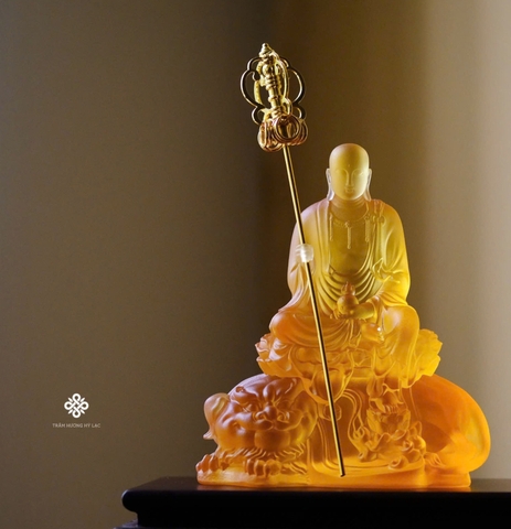 Tượng Địa Tạng Bồ tát cưỡi Đế Thính lưu ly 13cm (không kèm đế)