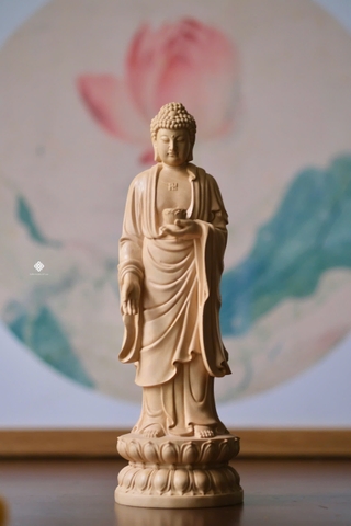 Tượng Phật A Di Đà gỗ hoàng dương lá to 21cm