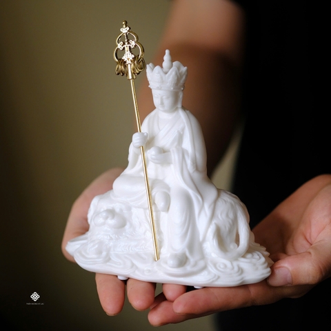 Tượng Địa Tạng Bồ tát cưỡi Đế Thính sứ trắng mini