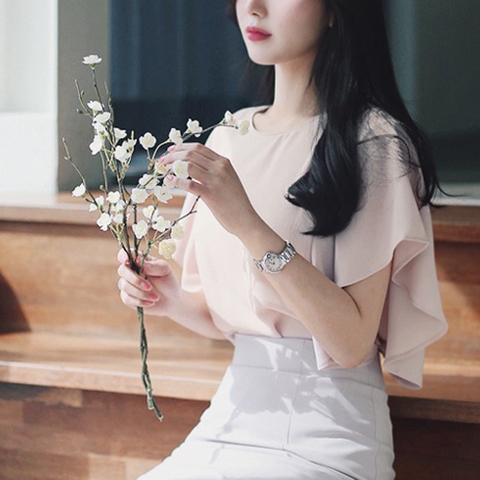Áo sơ mi kiểu cổ tròn tay bèo rũ thời trang