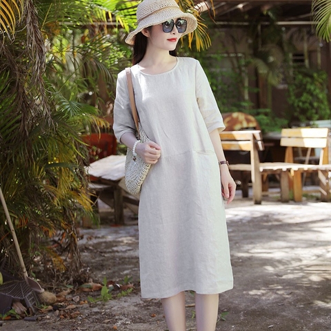Đầm suông linen tay lỡ 2 túi bổ trước