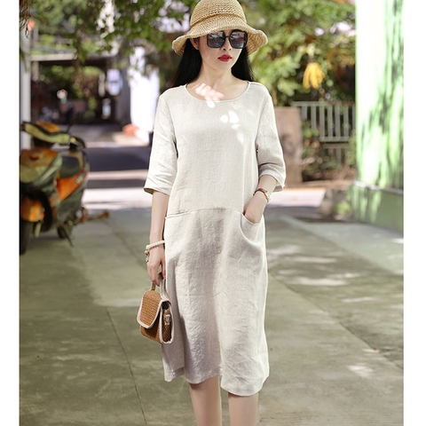 Đầm suông linen tay lỡ 2 túi bổ trước