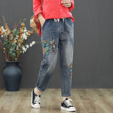 Quần Jeans Nữ Thêu Hình Chú Mèo Cao Cấp