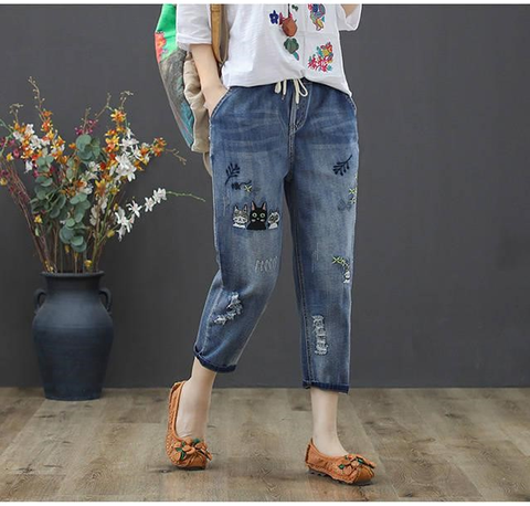 Quần Jeans Nữ Thêu Hình Chú Mèo Cao Cấp