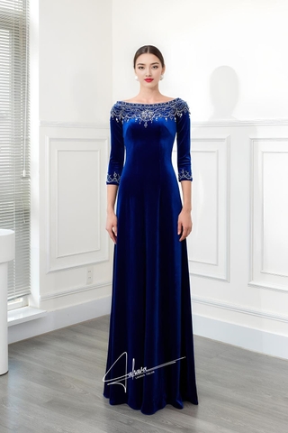 Đầm dạ hội nhung cổ thuyền kết hạt cao cấp